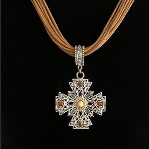 Elegant Silver and Tan Cross Pendant Necklace